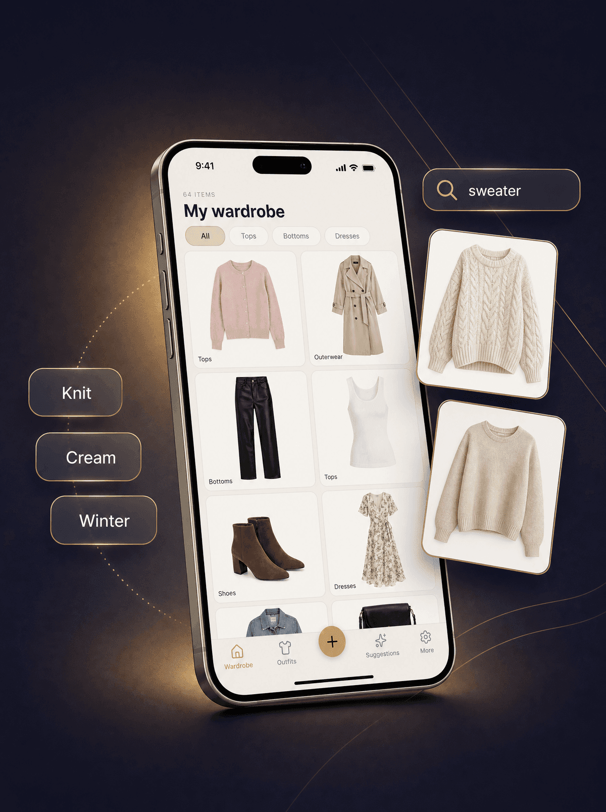 The Looqa wardrobe on a phone, sorted by category, next to examples of search and filters on looqa.ai