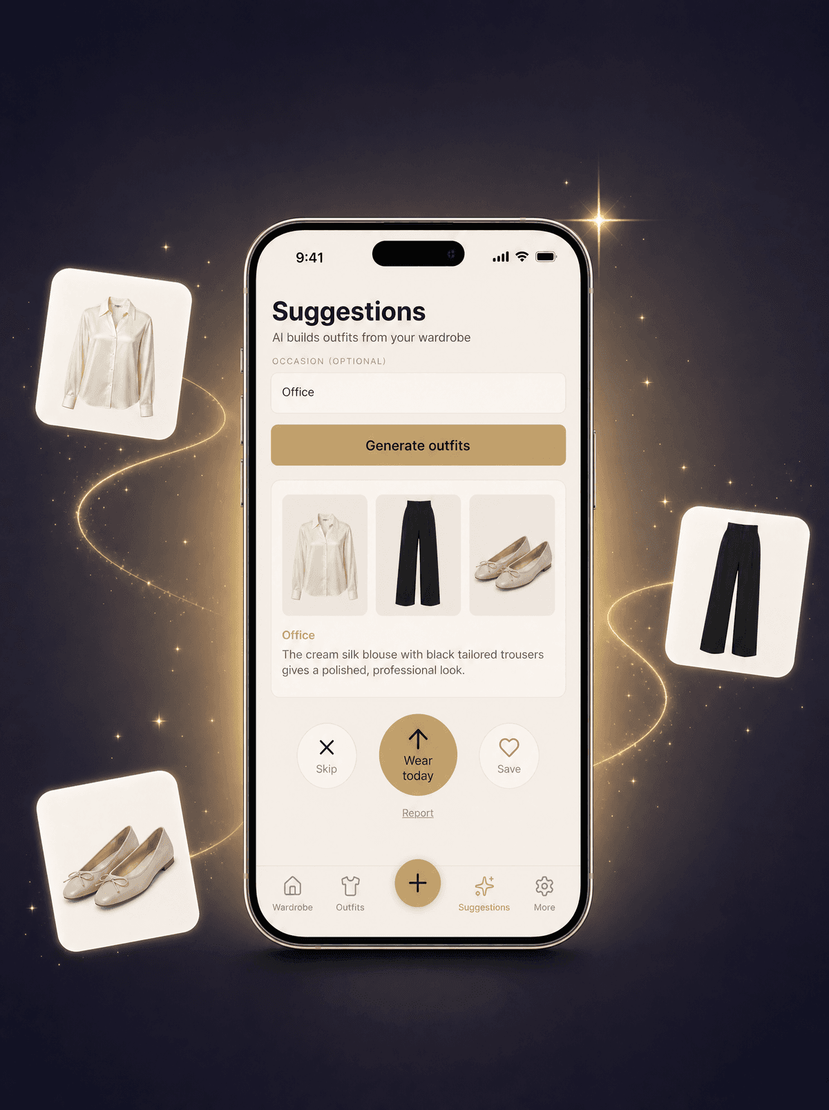 AI outfit suggestions in Looqa for the office: a silk blouse, black trousers and ballet flats