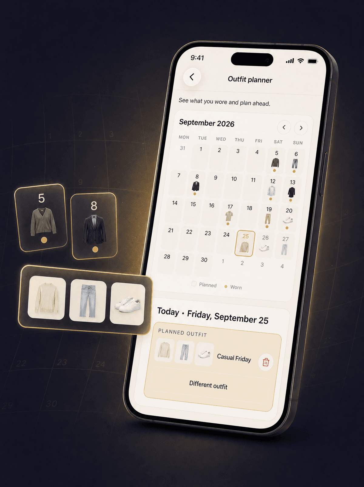 The outfit planner in Looqa: a month calendar with planned and worn outfits